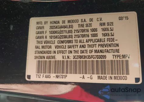 2015 Honda Cr-V Lx from USA, damaged, VIN 3CZRM3H35FG703099